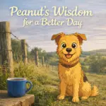 Cartoon-style image of Peanut the dog sitting outdoors