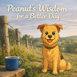 Cartoon-style image of Peanut the dog sitting outdoors